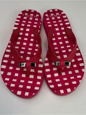 COACH AMEL POPPY PINK GINGHAM FLIP FLOPS IN RED AND WHITE CHECKERED PATTERN